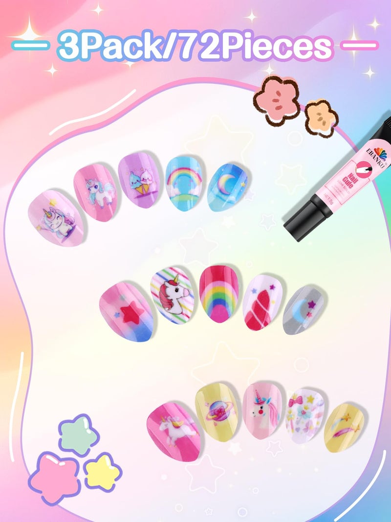 EBANKU 3 Pack Unicorn Press on Nail Kid, Cute False Nails for Kids Colorful Press on Nail Short Artificial Fake Nail Kits for Women Girls - Image 3